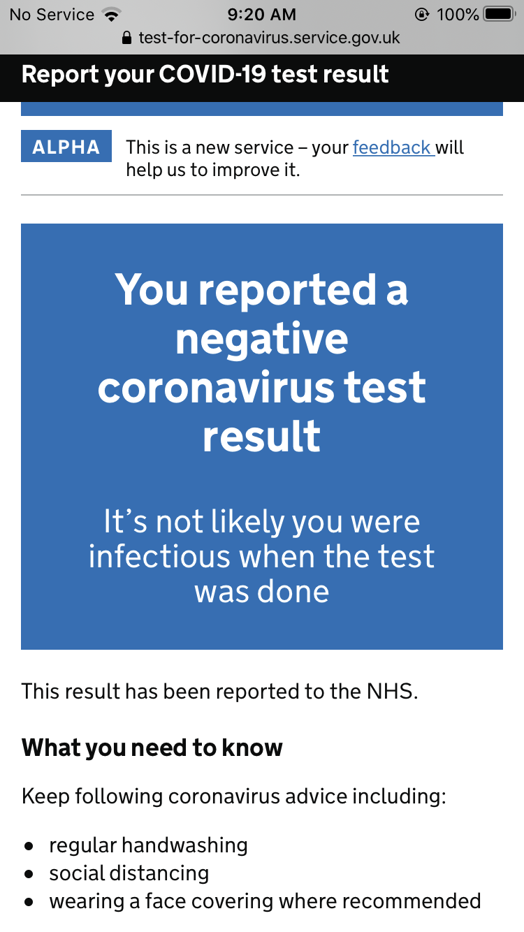 A screenshot of proof I reported a negative COVID-19 test result.
