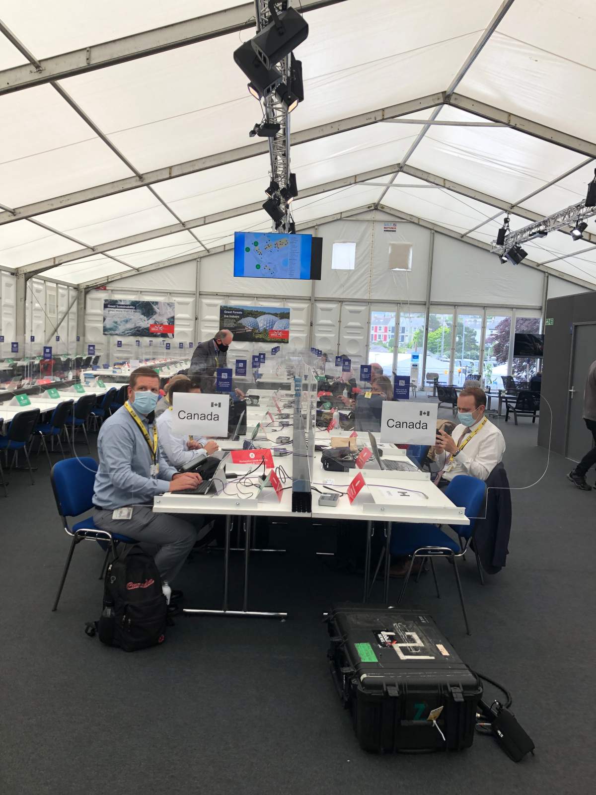 The Canadian media work stations in the International Media Centre at the 2021 G7 in Cornwall, England.