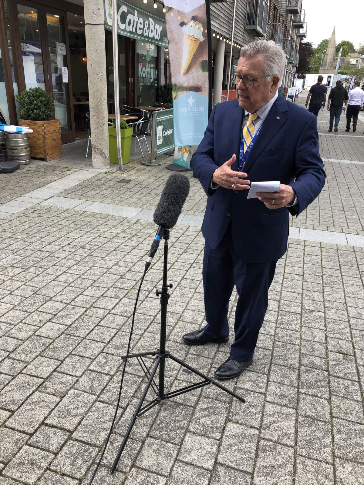 U.K. High Commissioner Ralph Goodale scrums with reporters at the G7 in Cornwall, England, June 11, 2021.