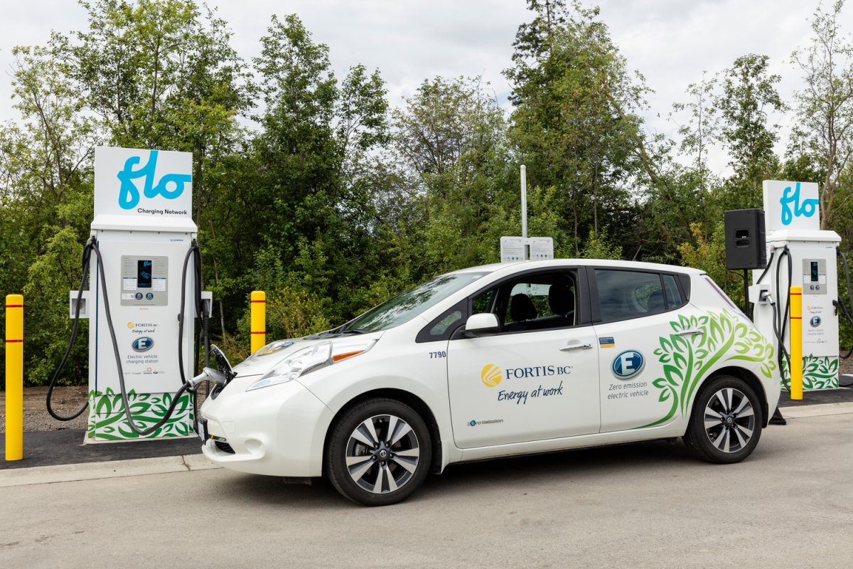 A photo of an electric vehicle being charged in Kelowna, B.C.