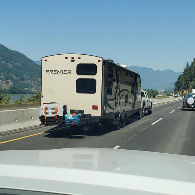 Lisa Bohn says she snapped this photo of a crated dog strapped to the back of a travelling RV on B.C.’s Highway 1 Sunday afternoon.