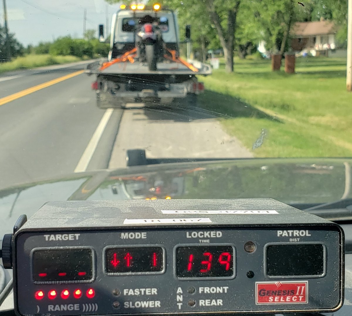 A motorcycle is towed from Wallace Point Road after OPP clocked the vehicle travelling 139 km/h in a posted 60 km/h zone.