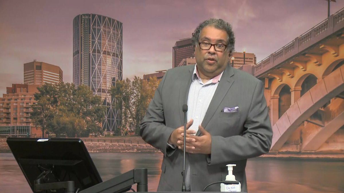 Calgary Mayor Naheed Nenshi announcing the city is lifting its pandemic-related state of local emergency, pictured on June 14, 2021.