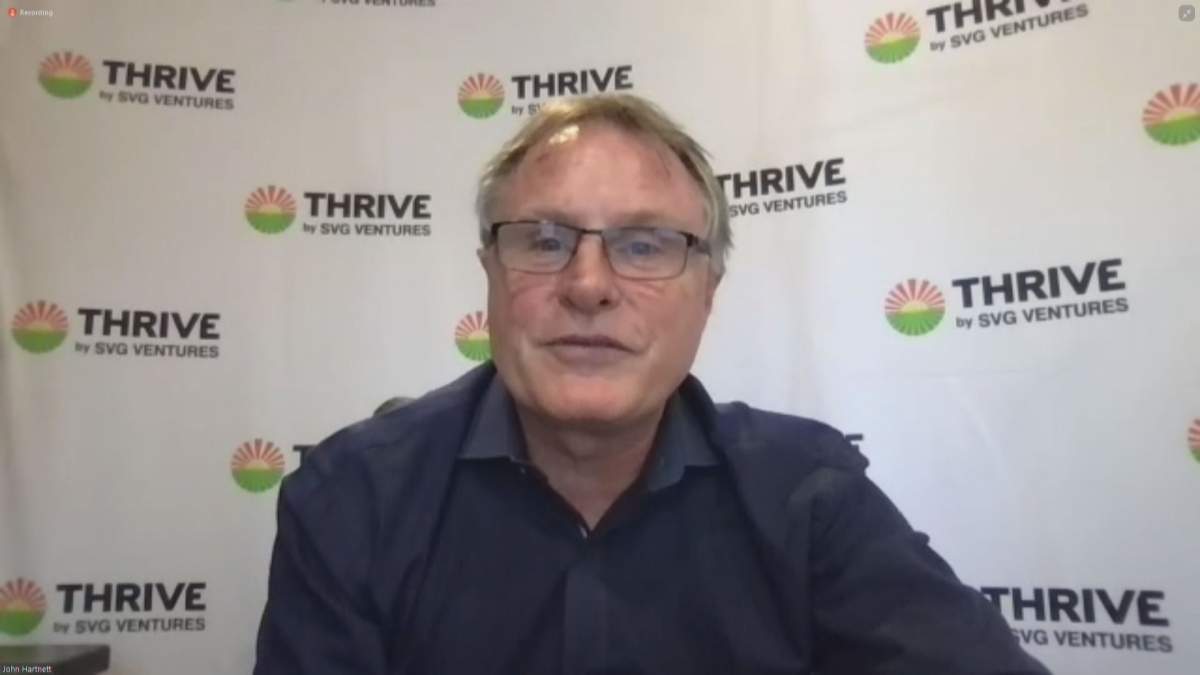 John Hartnett, founder & CEO of Thrive by SVG Ventures, announces Calgary as the agtech investment firm's Canadian headquarters, pictured on June 30, 2021.
