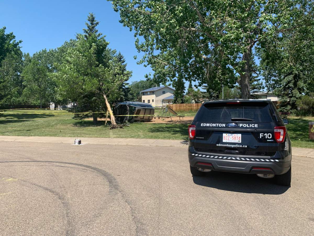 A vehicle crashed into a playground near 148 Avenue and 115 Street in north Edmonton on Monday, June 28, 2021.