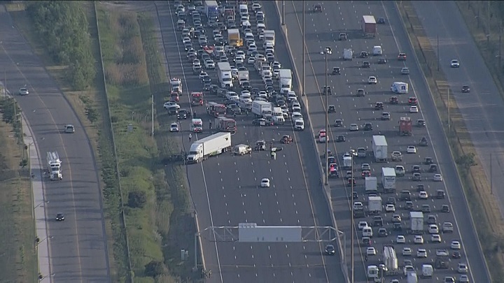 An aerial view of Highway 400 following a fatal collision on June 24, 2021.
