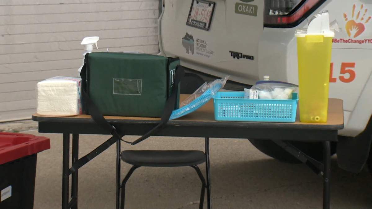 The vaccination table set-up for the Calgary Indigenous COVID-19 immunization clinic’s mobile program.