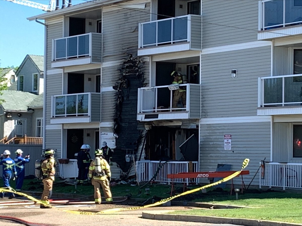 Fire crews respond to a gas leak and explosion at an apartment building in the area of 106 Street and 110 Avenue in Edmonton Friday, June 11, 2021.
