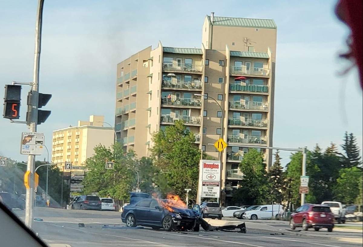 Six people are in hospital after a Ford Focus merged onto Henderson Highway, colliding with a northbound SUV.
