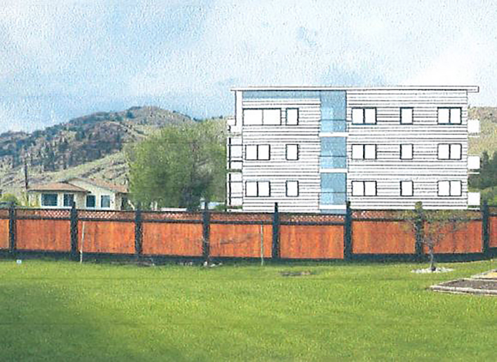 A drawing of what the five-storey apartment building in Midway, B.C., would look like from a home near the proposed apartment building. The village’s official community plan allows for a maximum of three storeys.