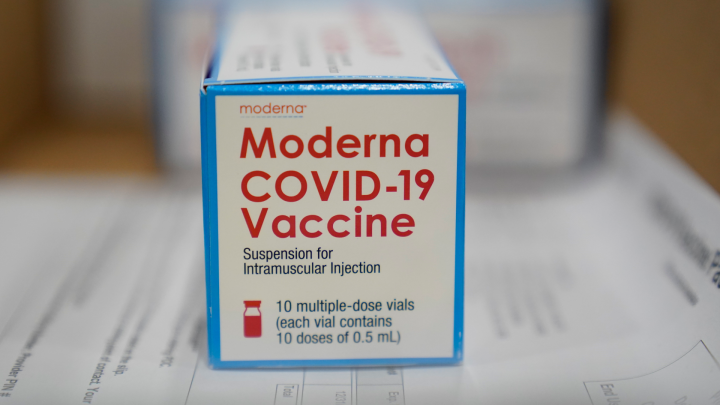 A box containing the Moderna COVID-19 vaccine is sits in a packing box to be shipped from the McKesson distribution center in Olive Branch, Miss., Sunday, Dec. 20. (AP Photo/Paul Sancya, Pool) .