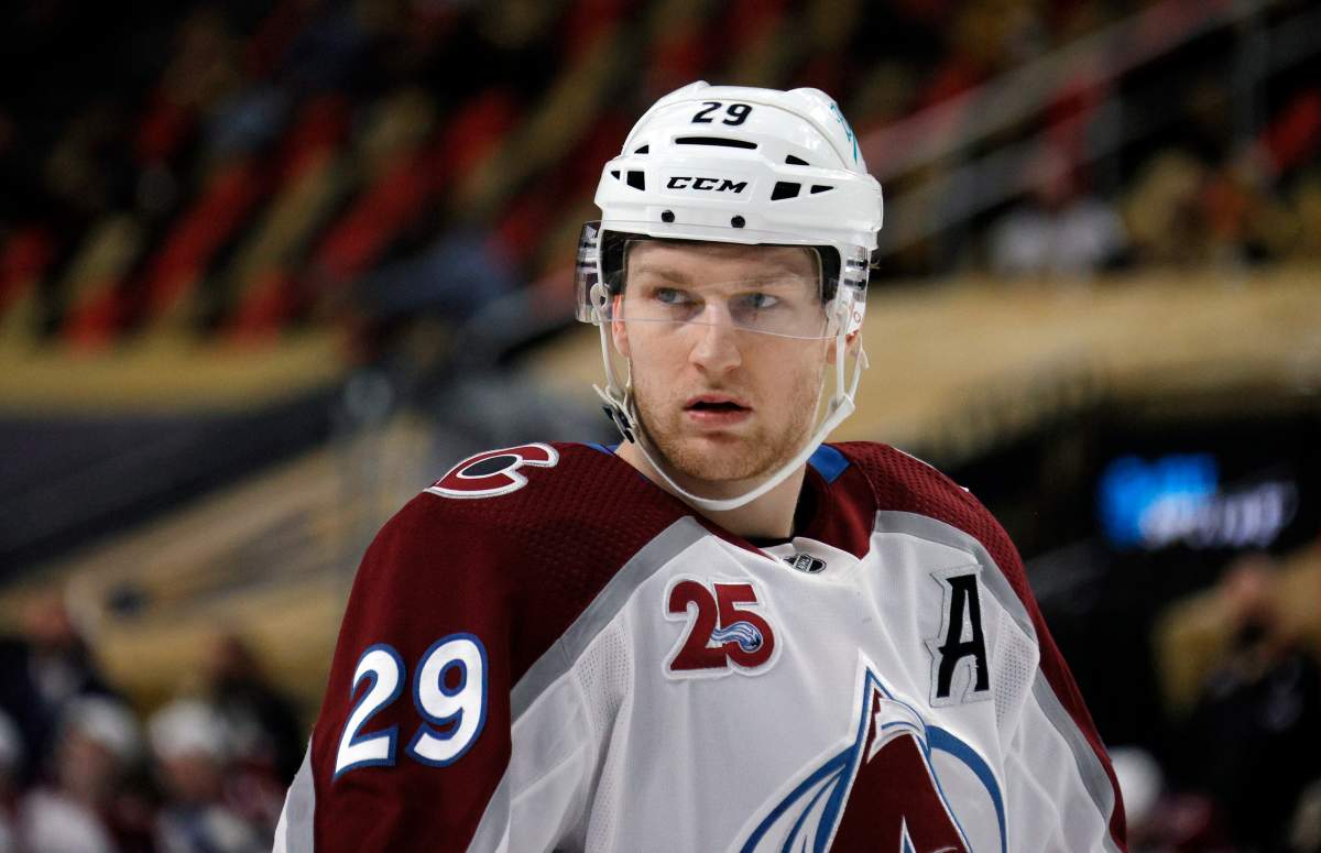 Nathan MacKinnon of the Colorado Avalanche waits for a faceoff in the first period of a game against the Vegas Golden Knights at T-Mobile Arena on April 28, 2021 in Las Vegas. The Golden Knights defeated the Avalanche 5-2. (Photo by Ethan Miller/Getty Images)