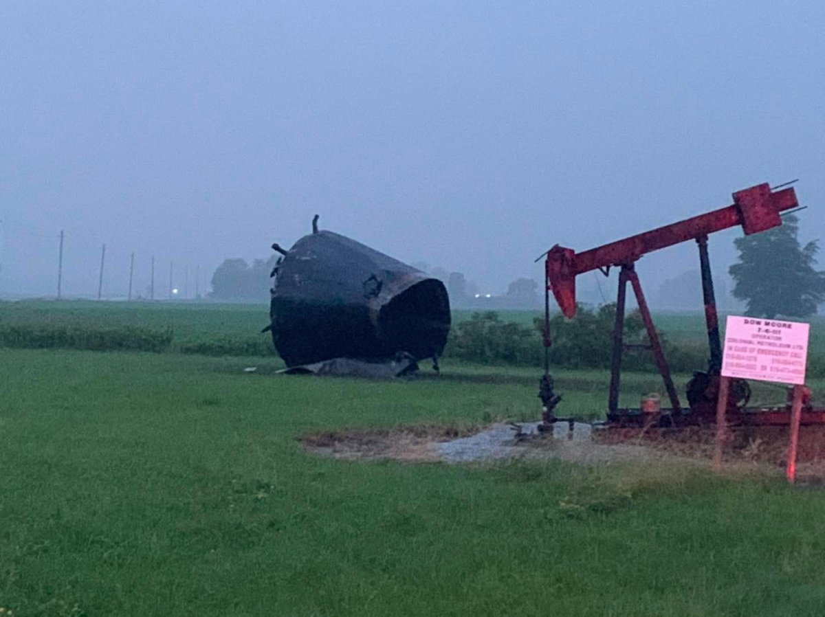 The township's fire department says about 150 barrels of oil exploded at the corner of Bridgen Road and Oil Springs Line on Monday evening.