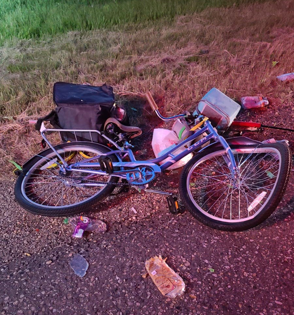 Picture of the 40-year-old mans bike after being hit by a westbound vehicle on the Trans-Canada Highway.