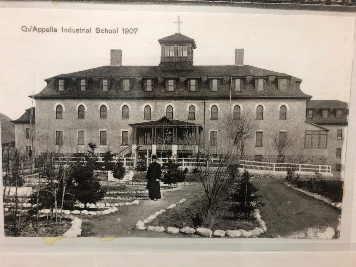 This photo of the second Qu’Appelle Industrial School hangs in the Lebret village hall. The first industrial school in the area was built in 1884 and was located on Star Blanket Cree Nation land, on the Wapiimoostoosis (White Calf) Reserve. Its main building was destroyed by a fire in 1904.