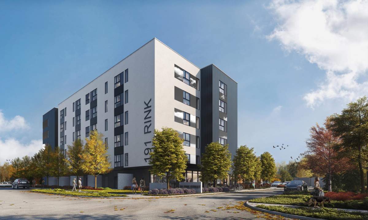 Illustration of the building to be constructed on Rink Street and Olive Avenue in Peterborough.