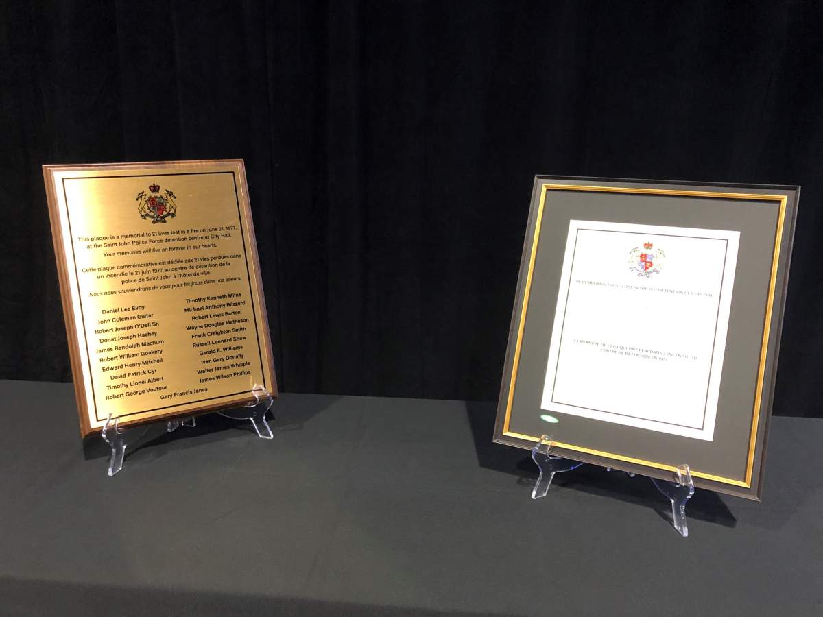 Officials in Saint John unveiled a memorial plaque to recognize 21 men killed in a fire at the former Saint John detention centre on June 21, 1977.