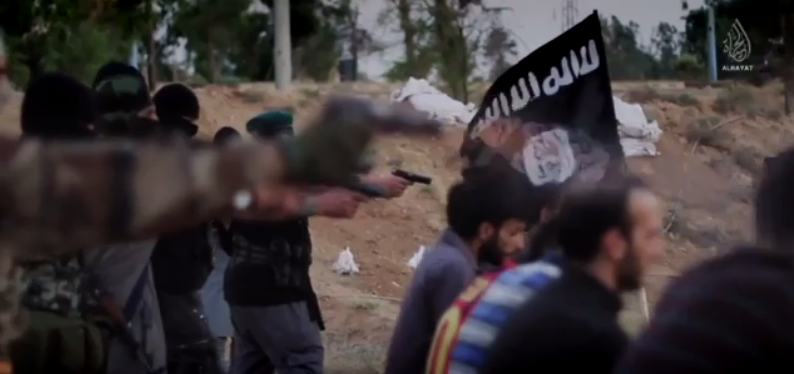 Execution scene from the 2014 ISIS propaganda video Flames of War. Mohammed Khalifa told Global News he narrated the production.