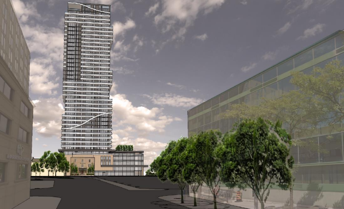 A westerly view of the proposed high rise from Farhi Holdings Corporation, as seen from Queens Avenue.