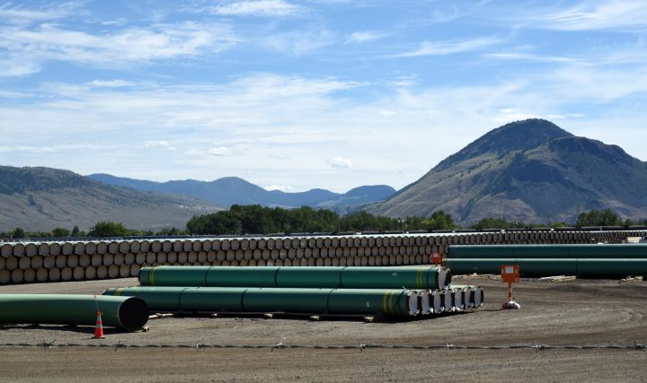 Sections of pipe sit in a storage yard in Kamloops, British Columbia, Canada on June 1, 2021.  The pipe is ready for use in the construction of the Trans Mountain Pipeline. 