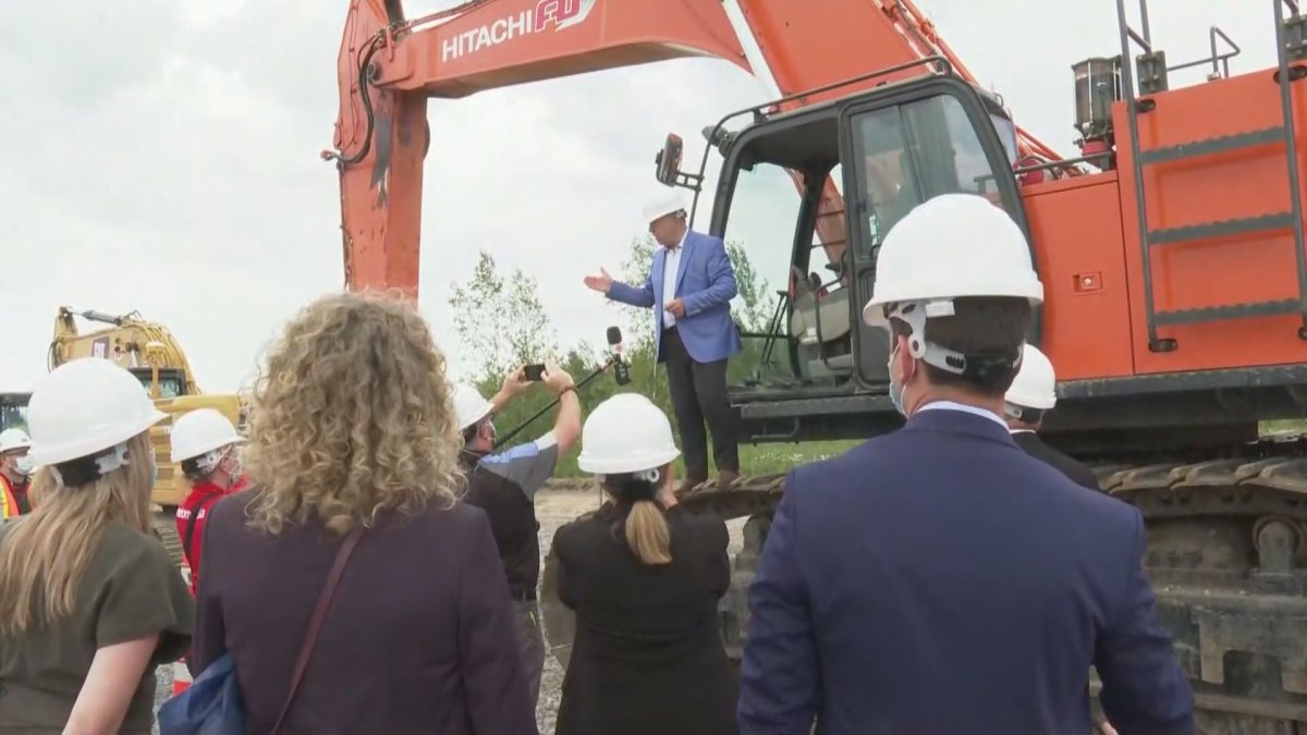 Christian Dubé speaks to reporters during a press conference announcing the start of groundwork on the site of the future Vaudreuil-Soulanges hospital. Monday, June 14, 2021.