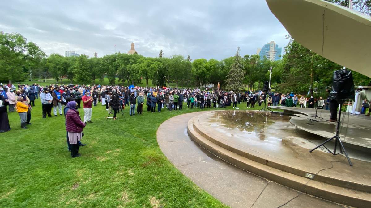 Three days after four members of a Muslim family were struck and killed by a vehicle in London, Ont., in what police believe was a hate-motivated crime, hundreds of Edmontonians gathered outside the Alberta legislature to pray for the dead and the boy who survived and to speak out against Islamophobia.
