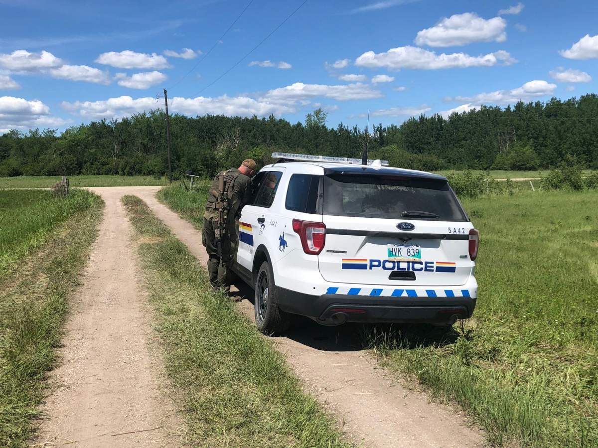 A photo provided to media by RCMP shows what police say is an officer at a rural property being searched in the RM of St. Clements. RCMP have said the search is connected to the homicide of 40-year-old Clifford Joseph.