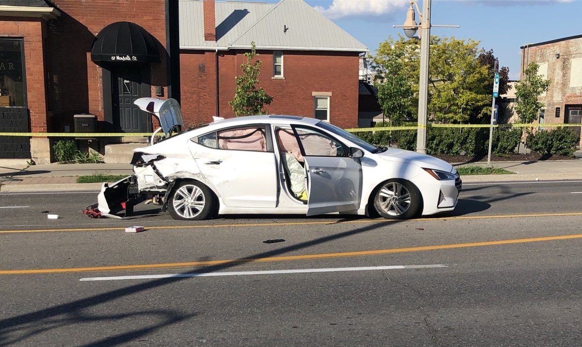 Guelph police say an SUV struck a car at Norfolk and Cork streets, before it hit several more vehicles on Tuesday evening. 