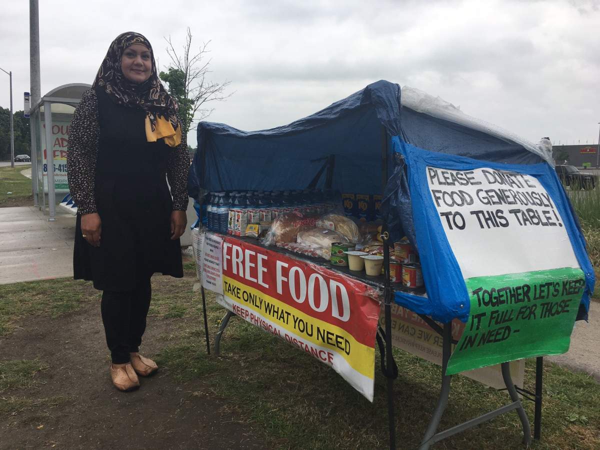 Zarqa Shafiq maintains the Free Food Table on Charolais Boulevard in Brampton.