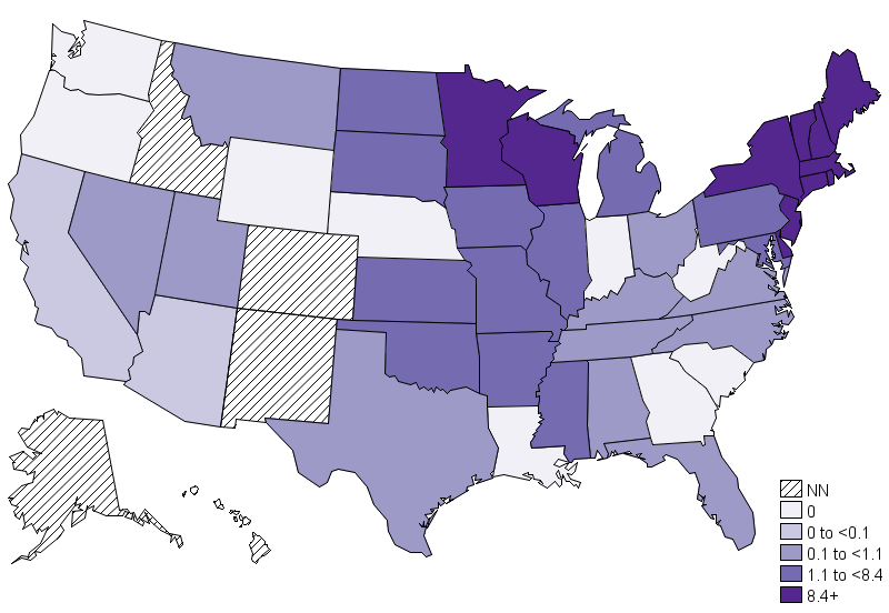 A map from the Centers for Disease Control showing states with reported cases of anaplasmosis.