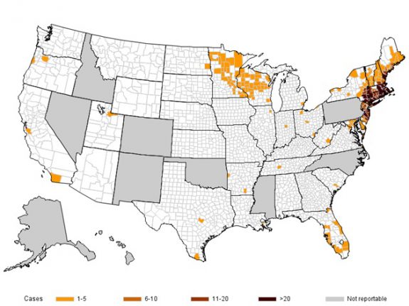 A map from the CDC showing counties with reported cases of babesiosis – many of which border Canada.