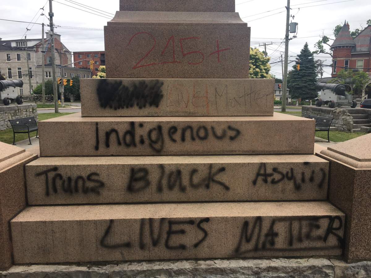 The pedestal that once held the statue of Sir John A. Macdonald in City Park has been hit with white supremacy messaging on multiple occasions since being removed on Friday.