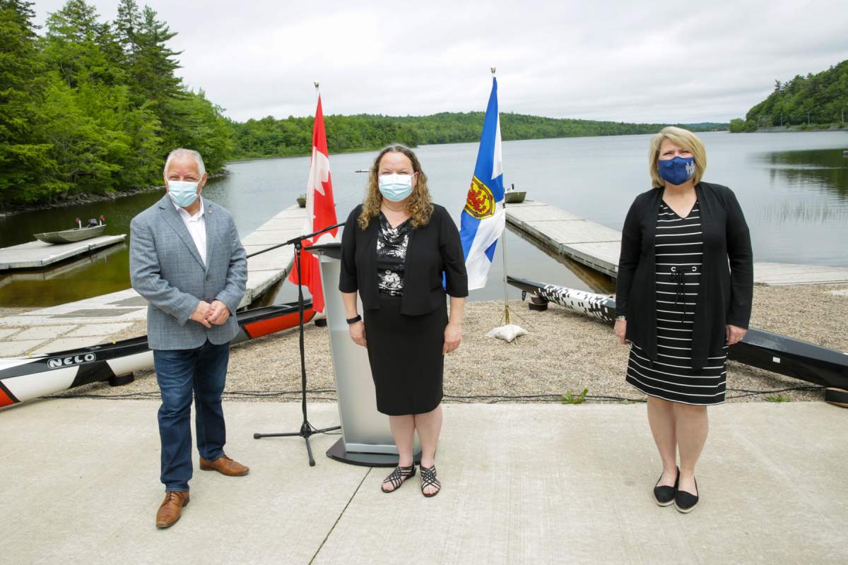 Darrell Samson, MP of Sackville—Preston—Chezzetcook, Nadine Lamontagne, Cheema Aquatic Club commodore and deputy premier Kelly Regan during the announcement Saturday.