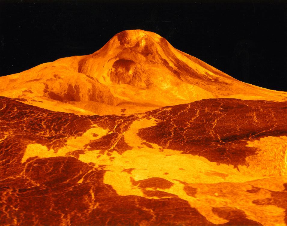 Maat Mons is displayed in this three-dimensional perspective view of the surface of Venus.