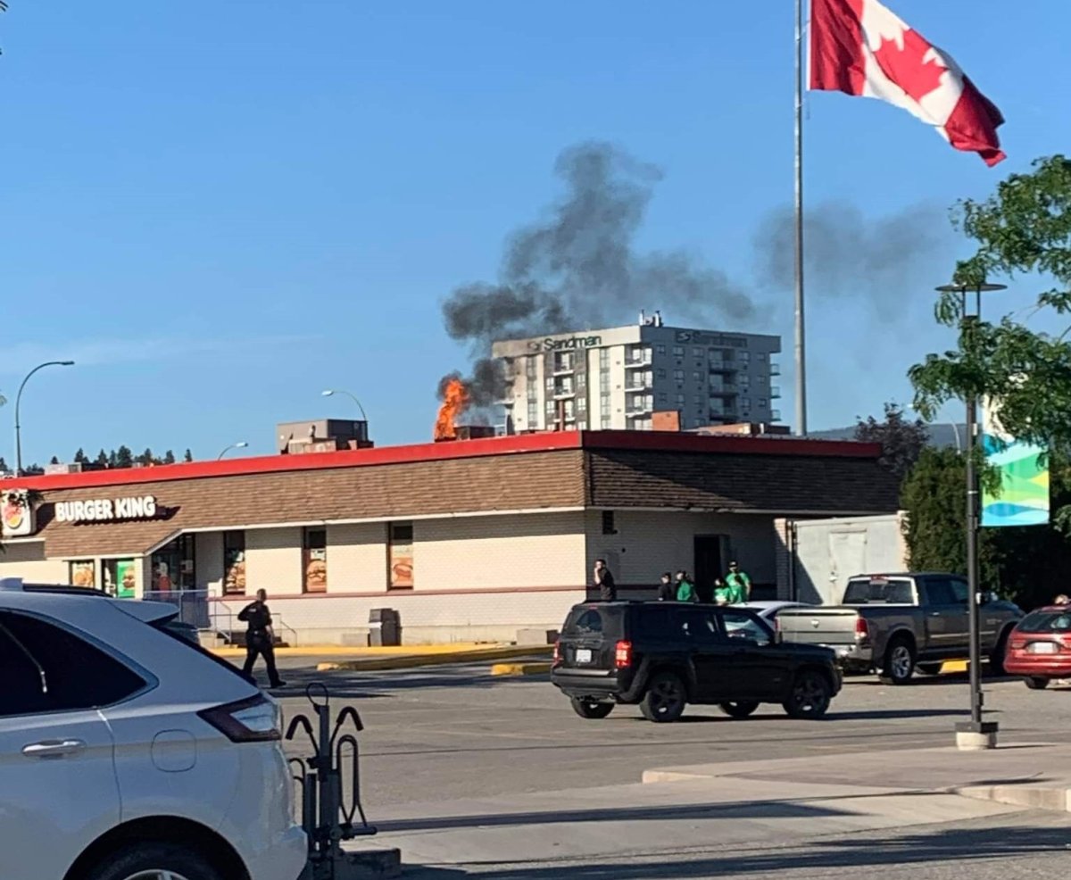 A roof top exhaust system at a Burger King restaurant in Kelowna, B.C., on Saturday erupted in flames. 