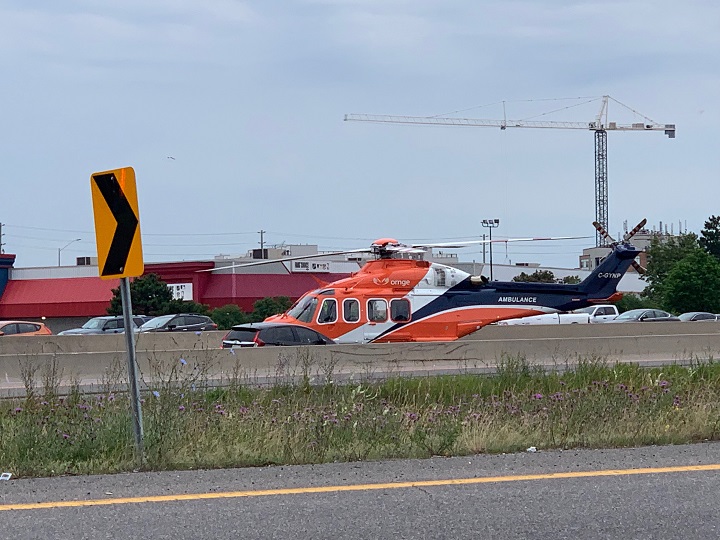 Ornge air ambulance lands on Highway 401 near Whites Road in Pickering.