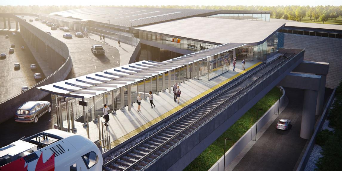 A rendering of the planned light-rail transit station at the Ottawa International Airport.
