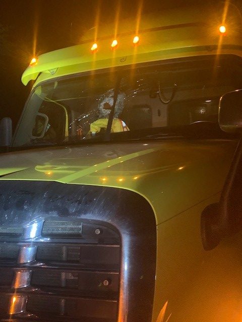 A photo released by RCMP shows the damage to a truck, after it was struck by rocks thrown from an overpass in Lantz, N.S.
