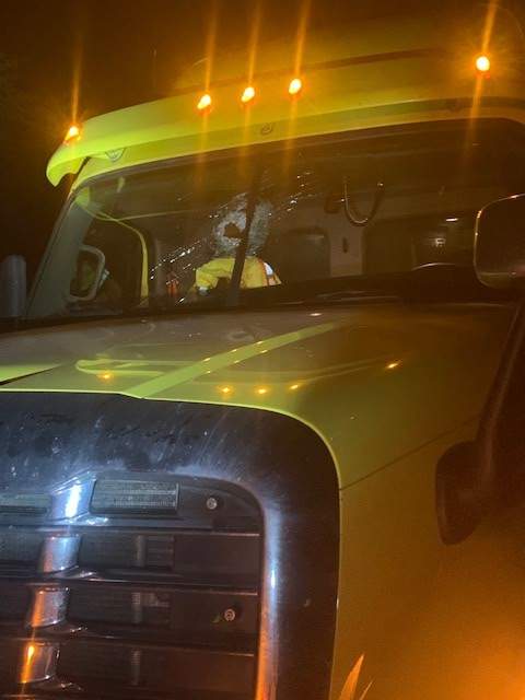 A photo released by RCMP shows the damage to a truck, after it was struck by rocks thrown from an overpass in Lantz, N.S.