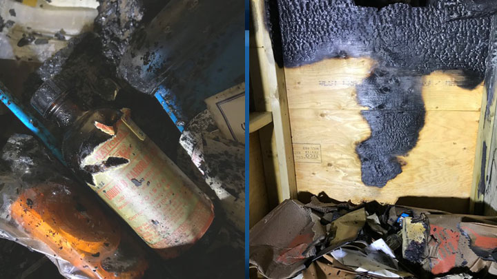 A search of a parkade confirmed spontaneous combustion in a storage closet due to improperly stored chemicals, according to the Saskatoon Fire Department.