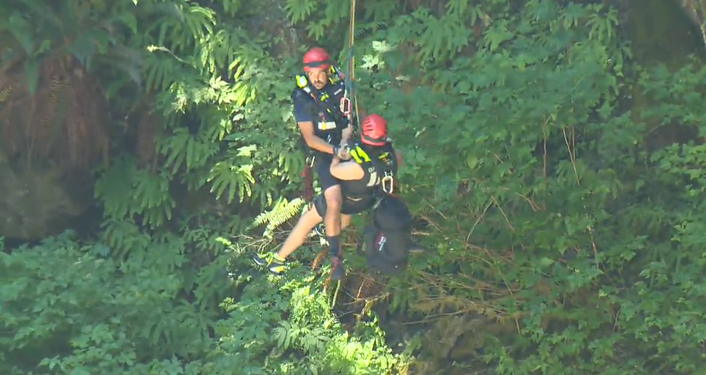 District of North Vancouver Fire and Rescue Services rescues a cliff jumper from Lynn Canyon. 