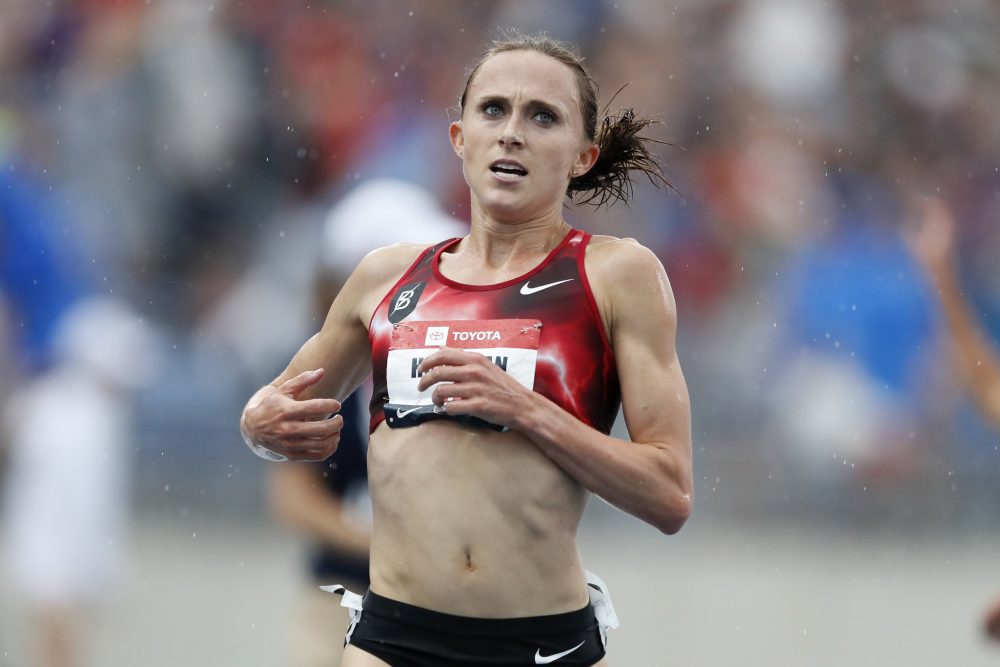 In this Sunday, July 28, 2019, file photo, Shelby Houlihan crosses the finish line as she wins the women's 5,000-meter run at the U.S. Championships athletics meet, in Des Moines, Iowa. 