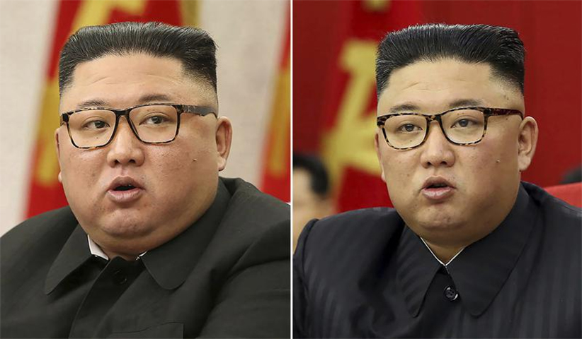 This combination of file photos provided by the North Korean government, shows North Korean leader Kim Jong Un at Workers' Party meetings in Pyongyang, North Korea, on Feb. 8, 2021, left, and June 15, 2021. 