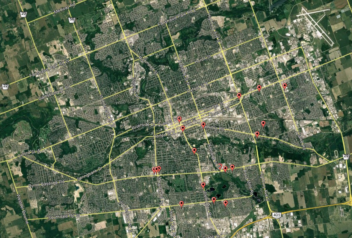 A map indicating where the damage occurred to 22 bus shelters in London.