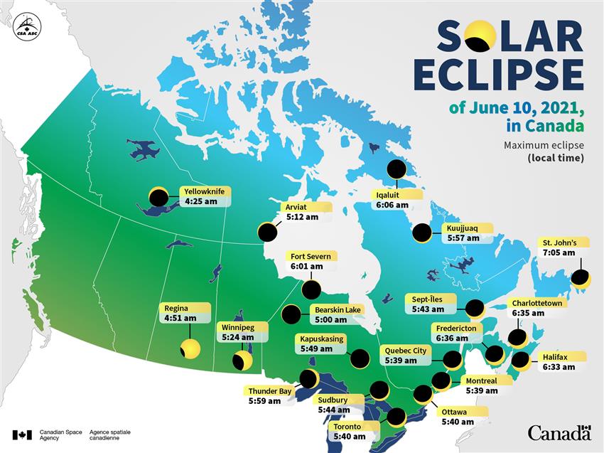 This guide from the Canadian Space Agency shows the times when the eclipse will reach its maximum point on June 10 in cities across Canada.