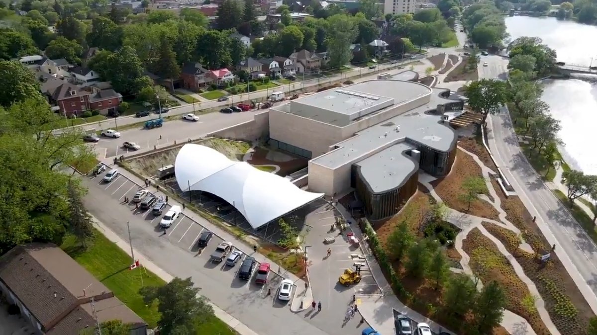An aerial shot of the canopy set up outside of the Stratford Festival's Tom Patterson Theatre.
