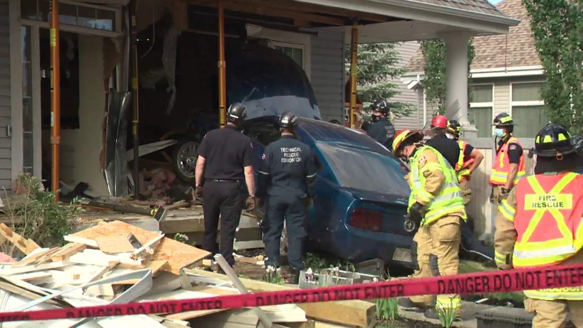 Edmonton Fire Rescue Services said the driver of a car lost control and ran into a home in Summerside Monday, June 14, 2021.