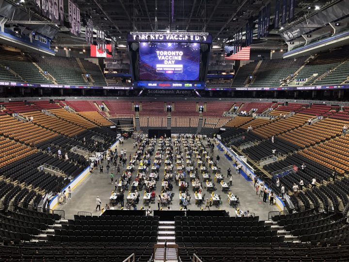 A vaccination clinic is seen at Scotiabank Arena in Toronto on Sunday.