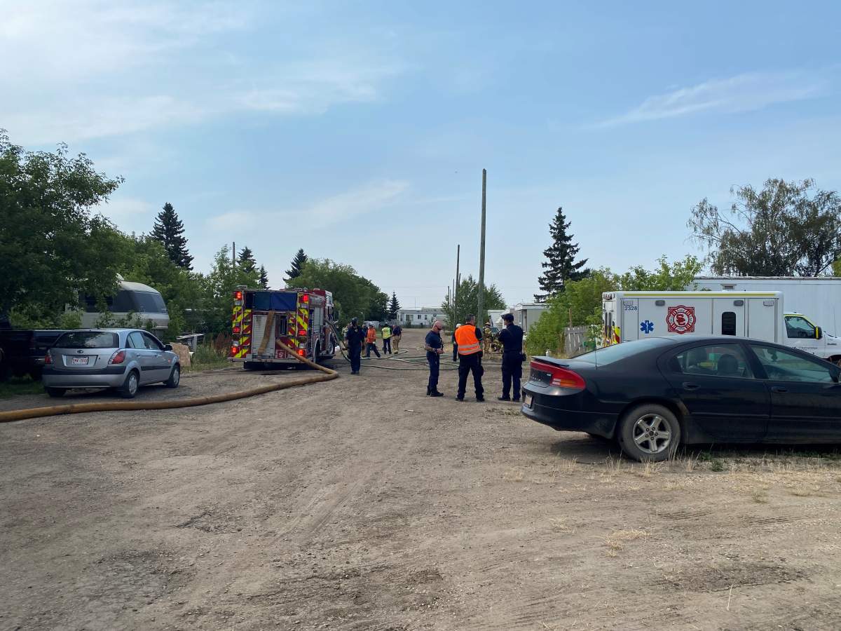 Fire at a mobile home near 45 Street and 76 Avenue Wednesday, July 14, 2021.