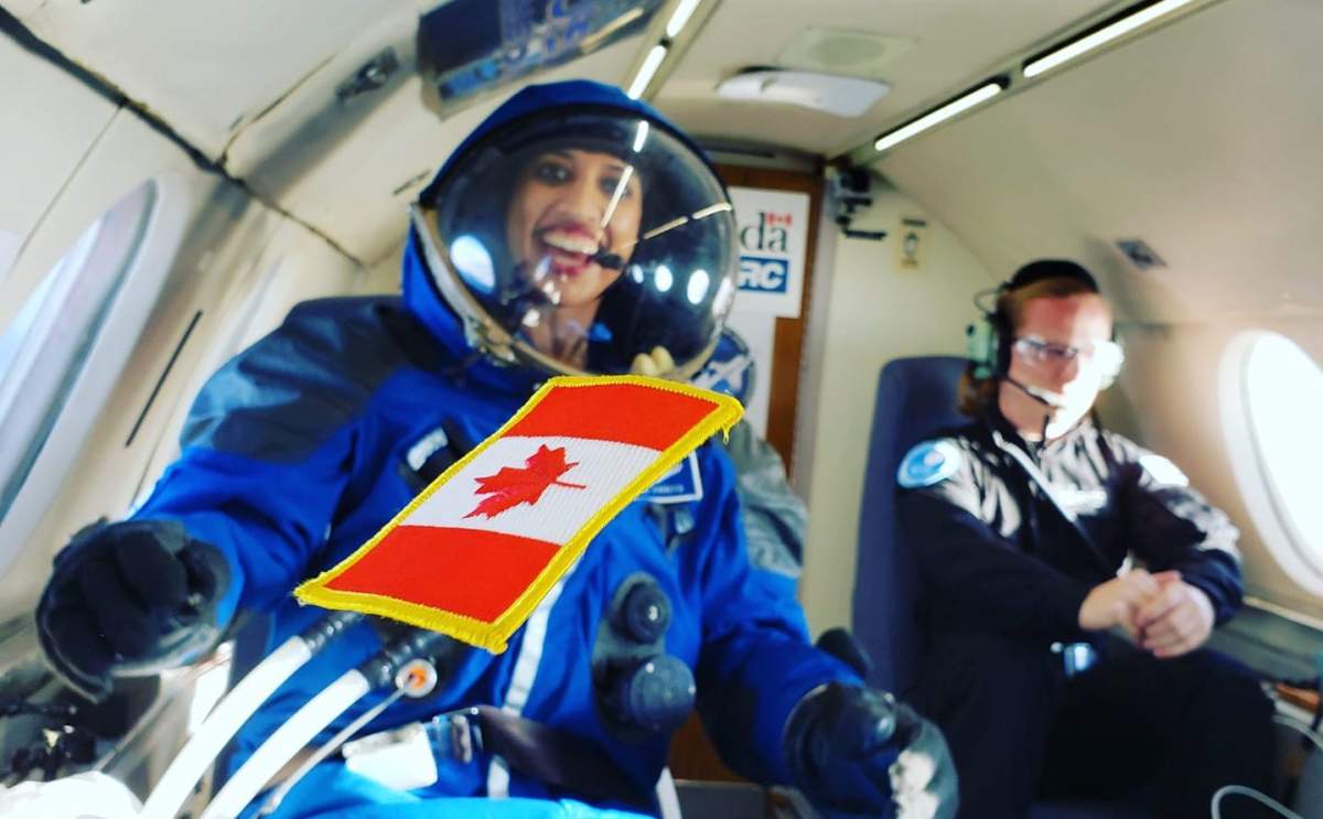 Dr. Shawna Pandya tests a next-generation Final Frontier IVA (intravehicular activity) spacesuit in microgravity during the 2018 PoSSUM parabolic flight campaign.